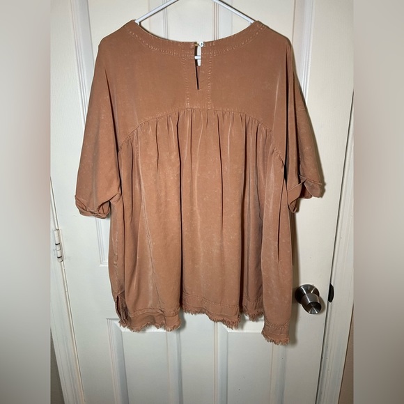 Sewn + Seen Washed Brown Babydoll Peplum Top Raw Hem Pocket Size L - Picture 8 of 9
